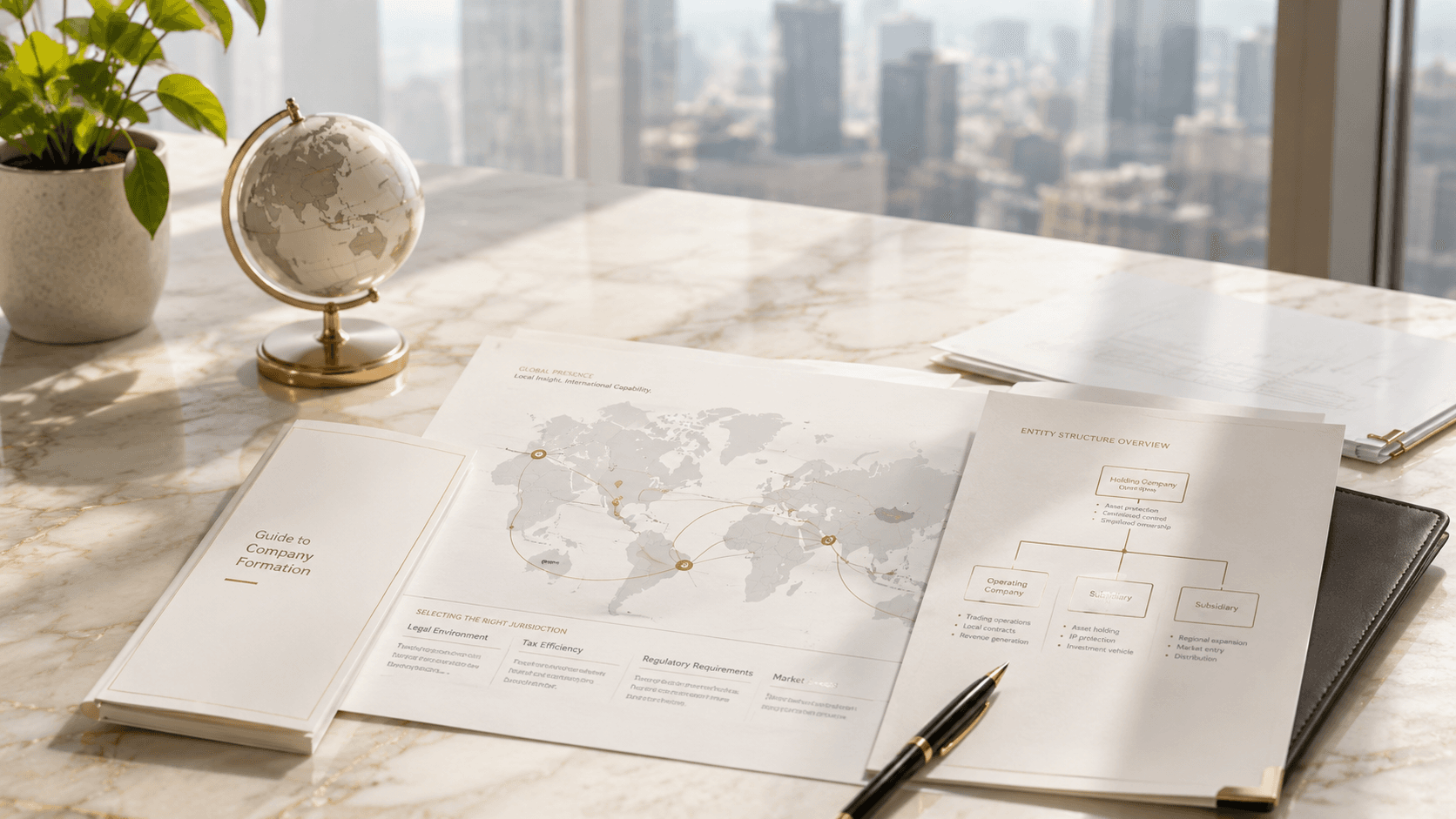 Company formation guide, entity structure overview and global presence map