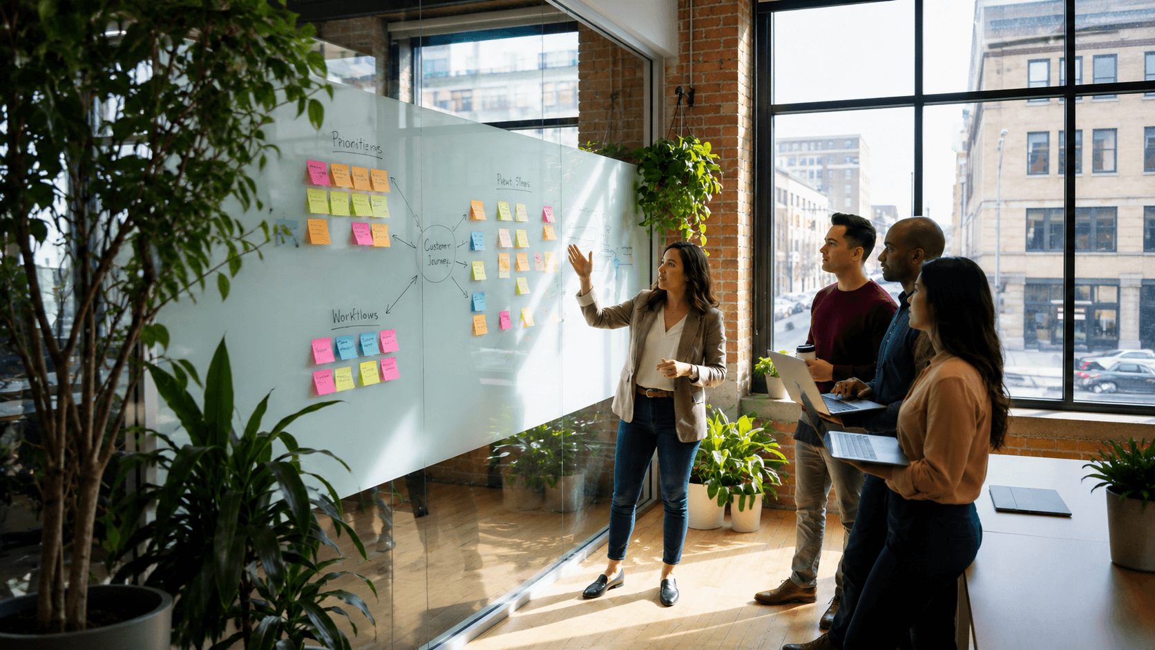 Team reviewing a workflow on a glass whiteboard