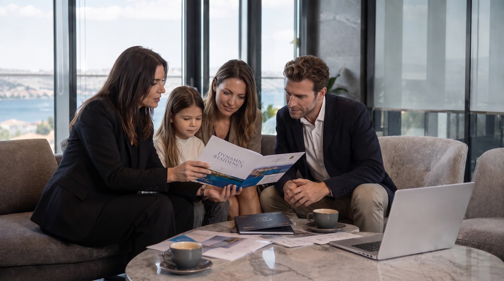 A family reviewing a Dynamic Residency brochure with an adviser in Türkiye