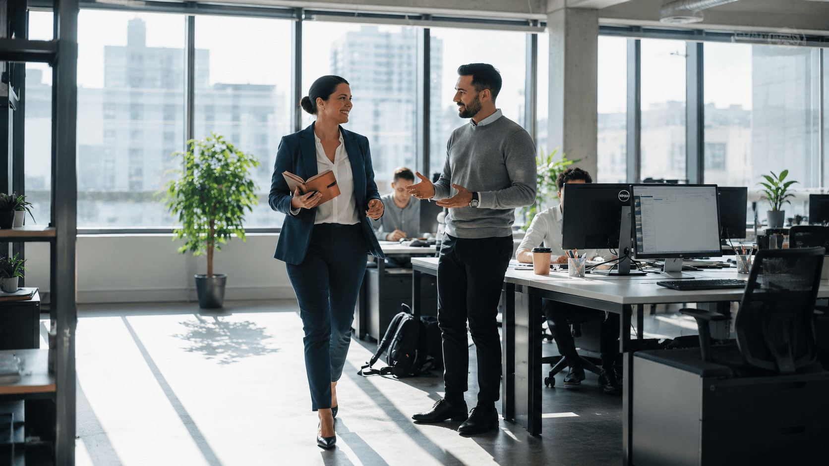 Dynamic Works colleagues discussing in an open office