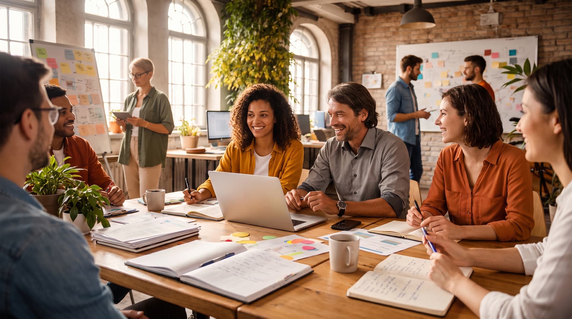 Team collaborating and chatting in a bright open office