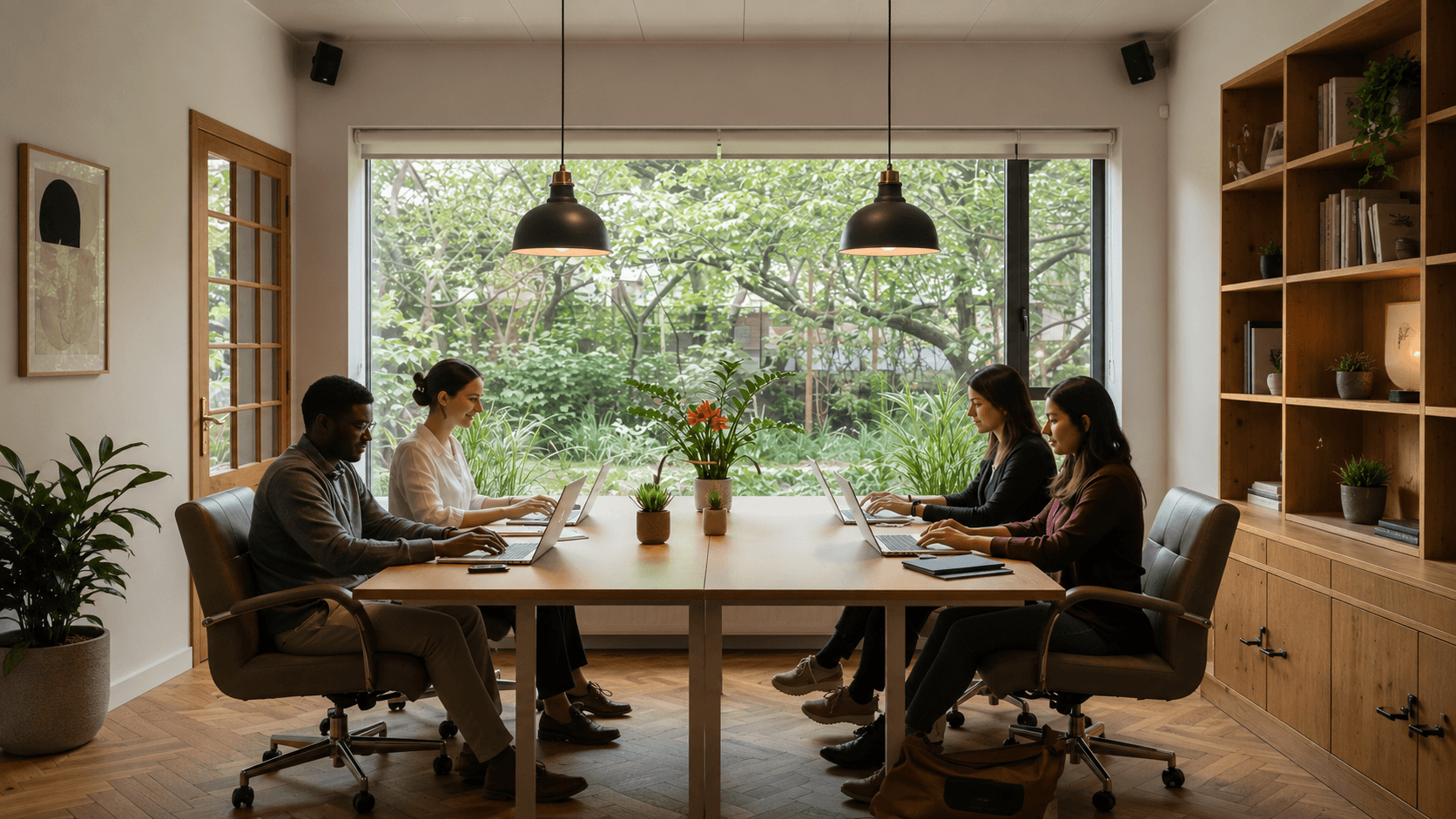 Dynamic Works team working together in a bright meeting room