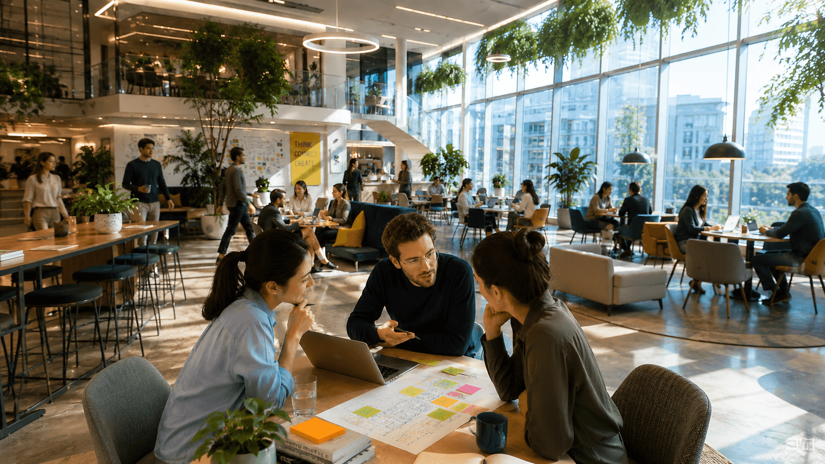 Team collaborating on international business structure in a shared workspace