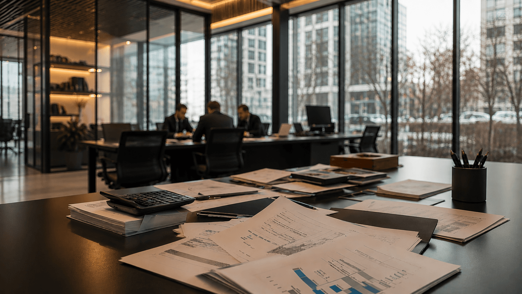 Executive office desk with documents during a formation review meeting