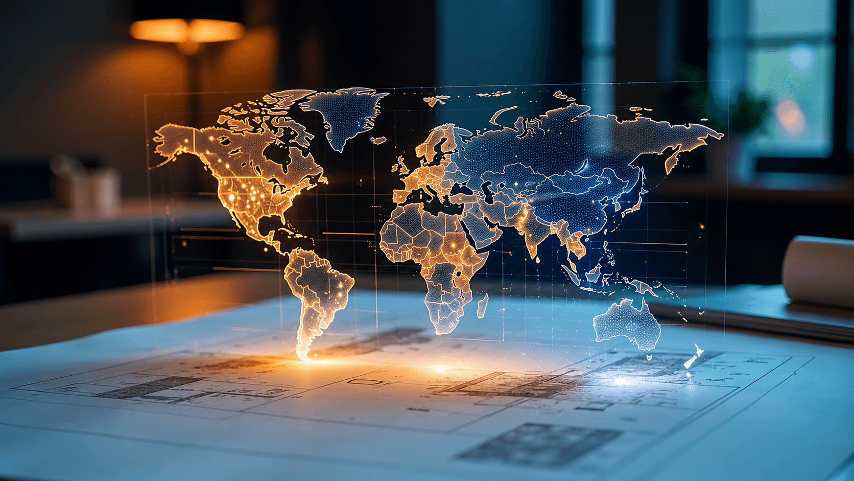 Holographic world map projected over facility blueprints