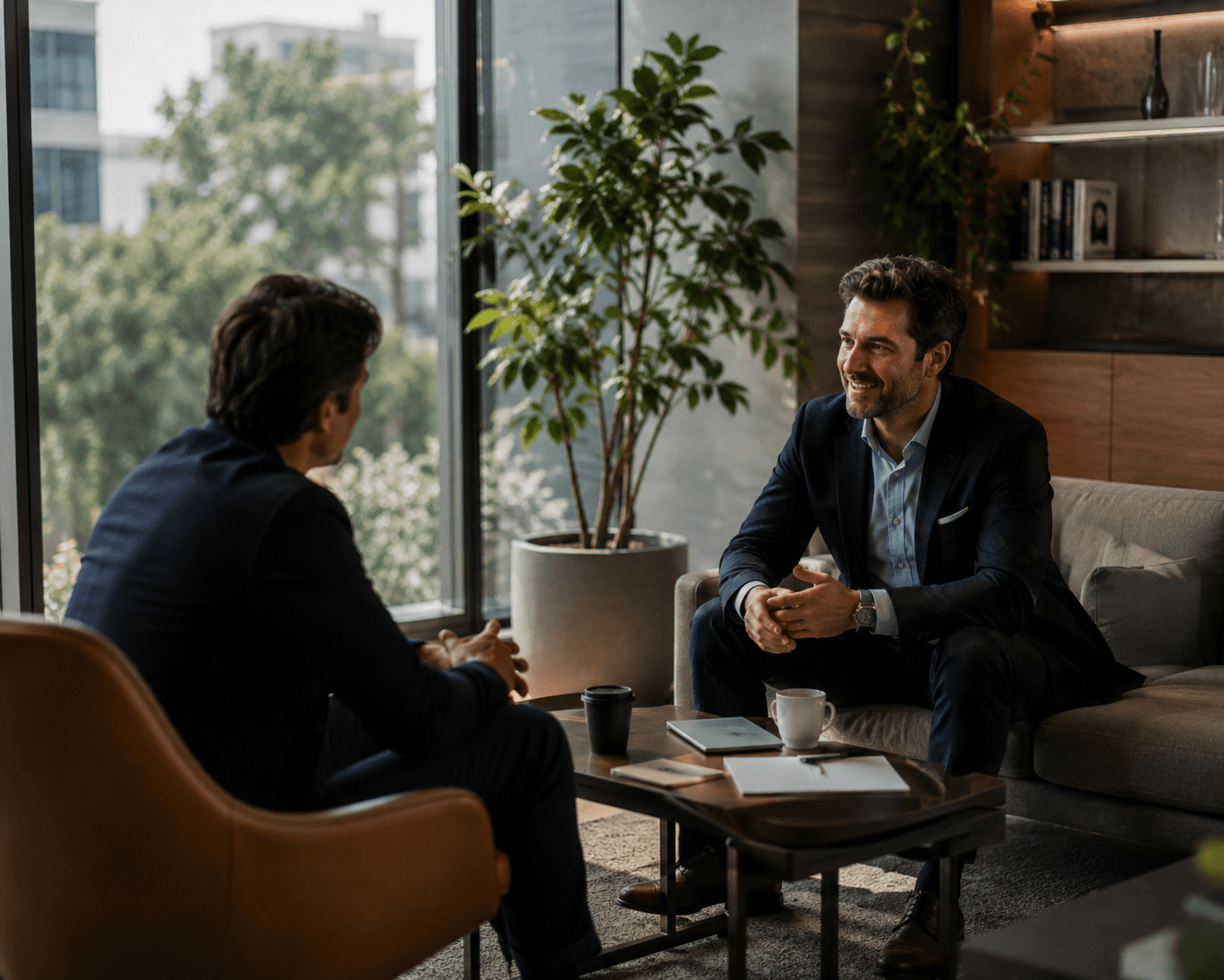 Two executives discussing jurisdiction options in a private meeting