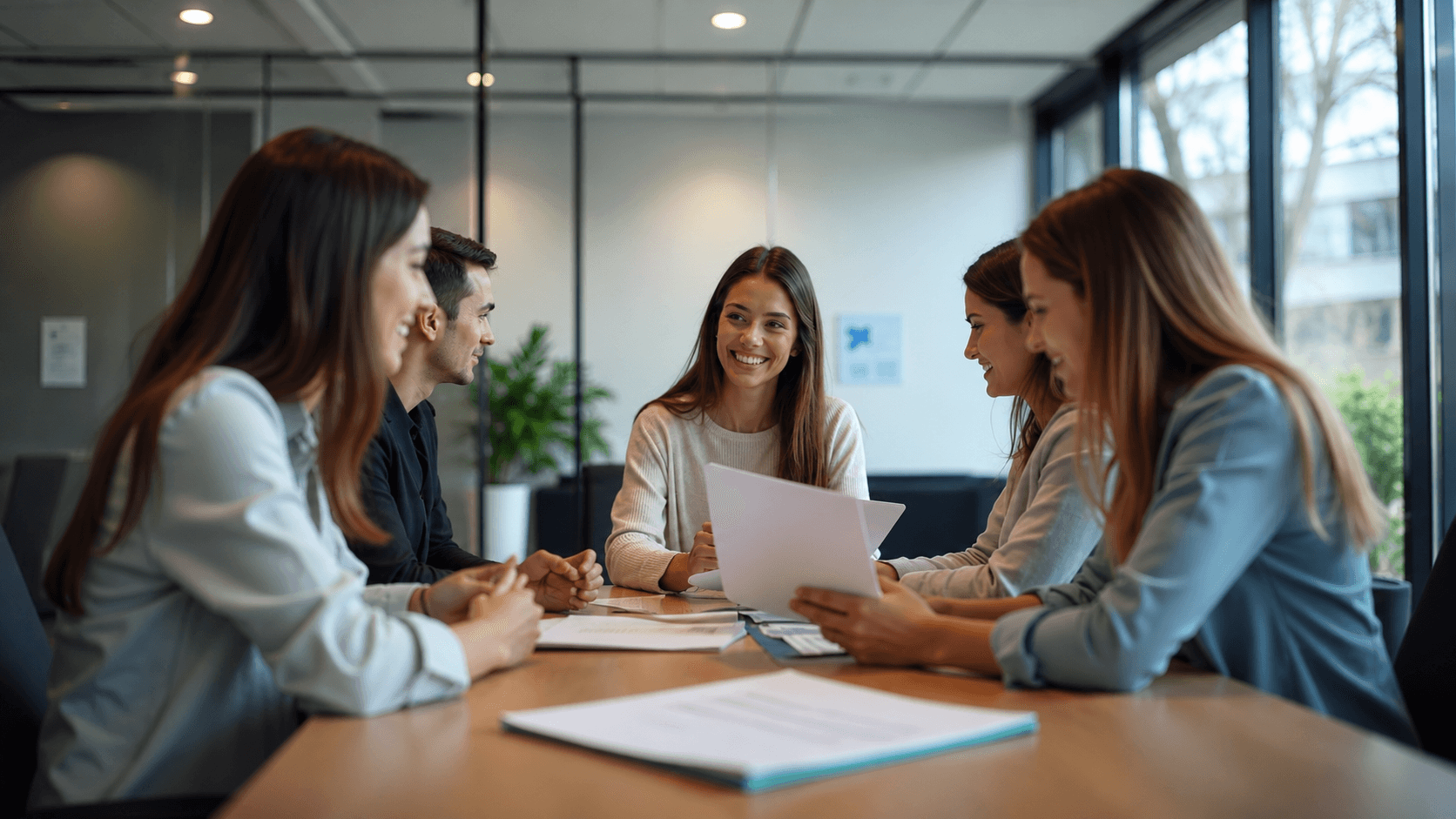 Colleagues reviewing work together at a desk
